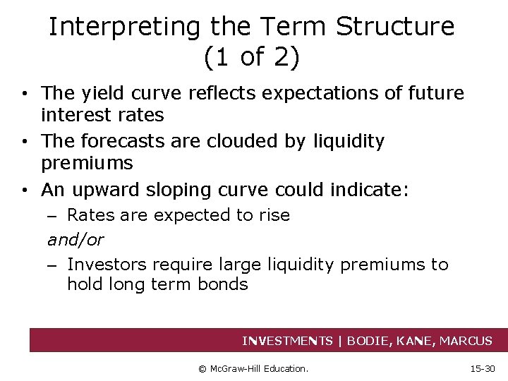 Interpreting the Term Structure (1 of 2) • The yield curve reflects expectations of