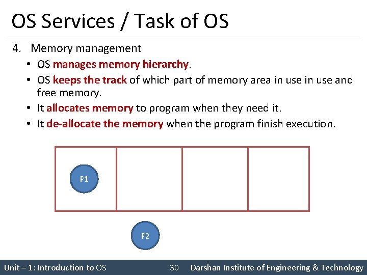 OS Services / Task of OS 4. Memory management • OS manages memory hierarchy.