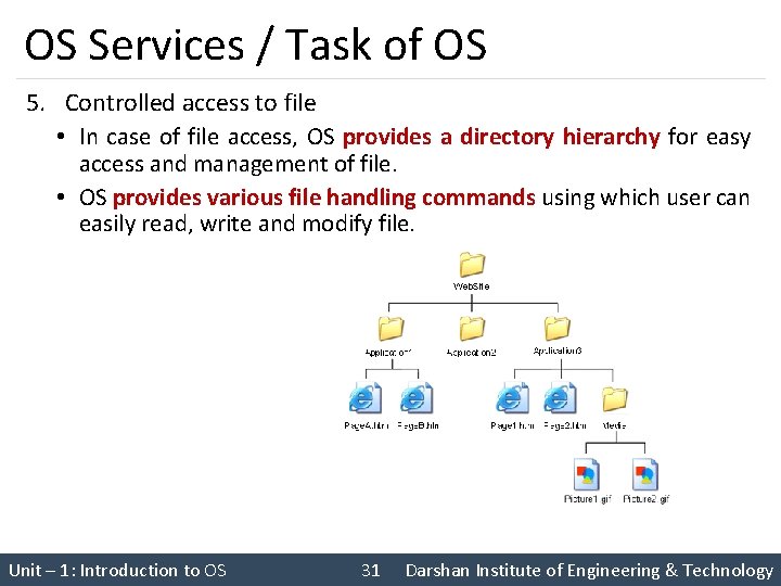 OS Services / Task of OS 5. Controlled access to file • In case