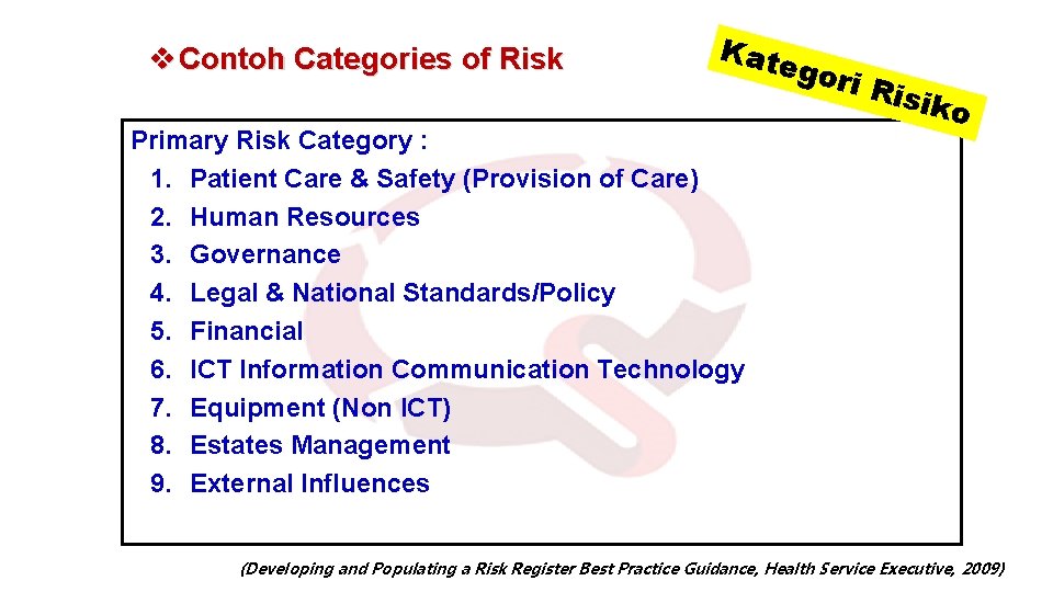 v Contoh Categories of Risk Kat ego Primary Risk Category : 1. Patient Care