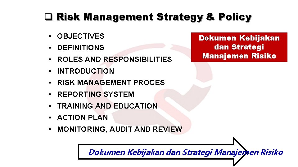q Risk Management Strategy & Policy • OBJECTIVES • DEFINITIONS • ROLES AND RESPONSIBILITIES