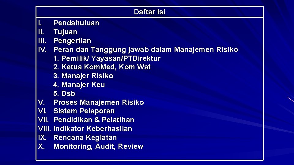 Daftar Isi I. III. IV. Pendahuluan Tujuan Pengertian Peran dan Tanggung jawab dalam Manajemen