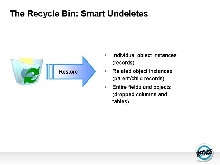 The Recycle Bin: Smart Undeletes Restore § Individual object instances (records) § Related object