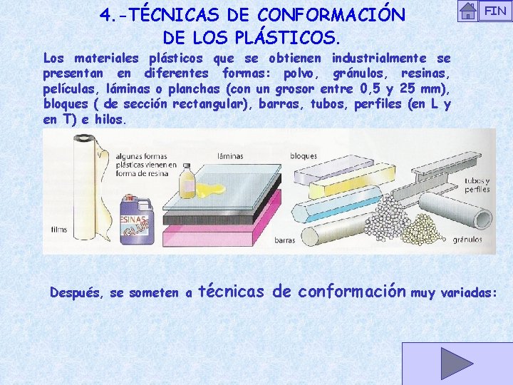 4. -TÉCNICAS DE CONFORMACIÓN DE LOS PLÁSTICOS. FIN Los materiales plásticos que se obtienen