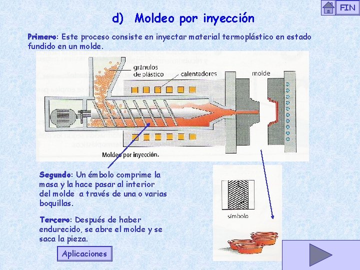 d) Moldeo por inyección Primero: Este proceso consiste en inyectar material termoplástico en estado