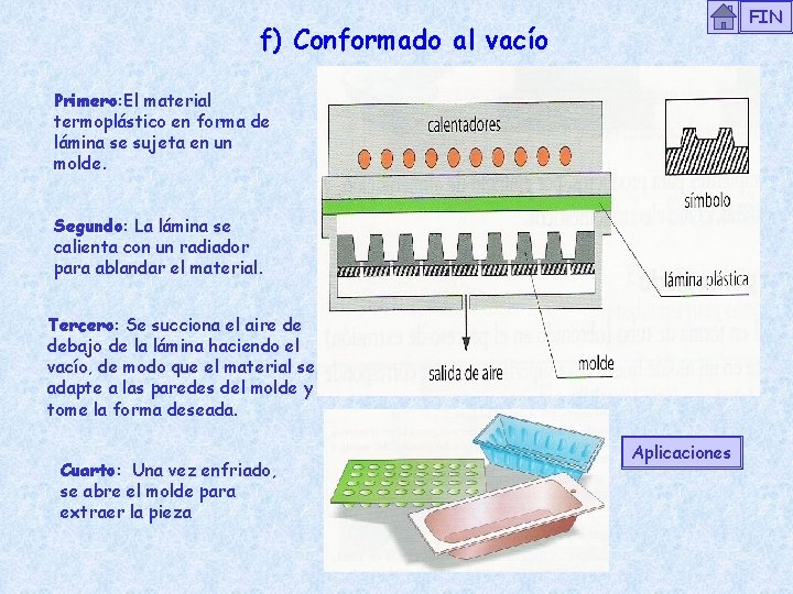 FIN f) Conformado al vacío Primero: El material termoplástico en forma de lámina se