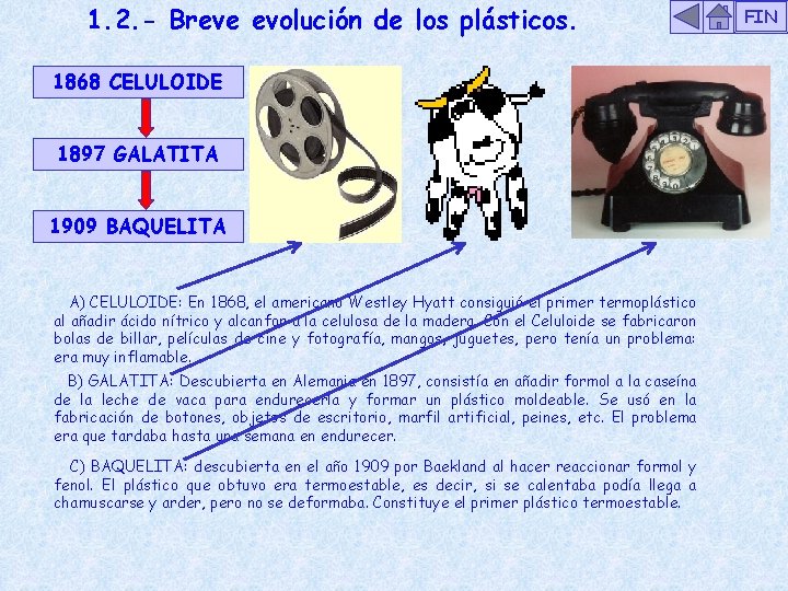 1. 2. - Breve evolución de los plásticos. 1868 CELULOIDE 1897 GALATITA 1909 BAQUELITA 1. 2. - Breve evolución de los plásticos. 1868 CELULOIDE 1897 GALATITA 1909 BAQUELITA