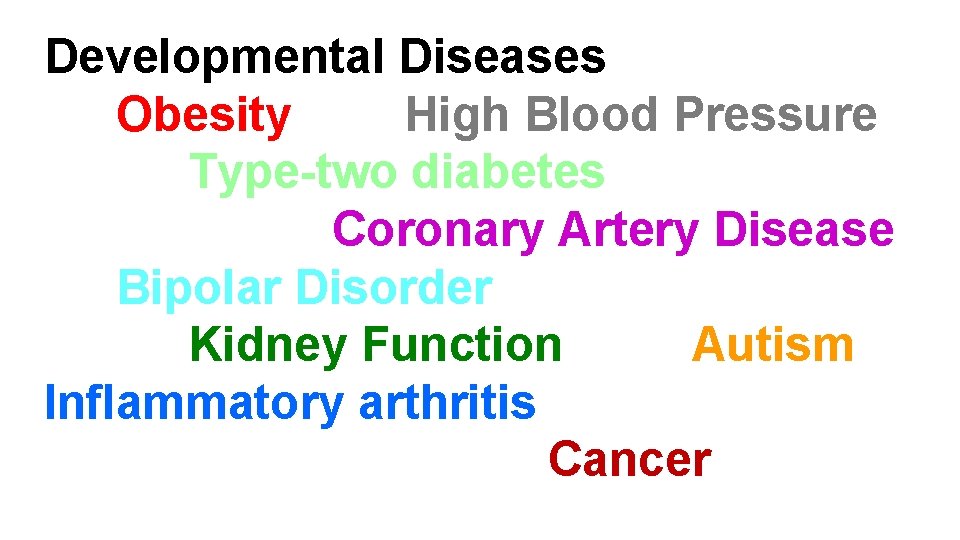 Developmental Diseases Obesity High Blood Pressure Type-two diabetes Coronary Artery Disease Bipolar Disorder Kidney