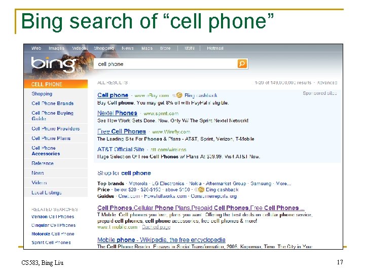 Bing search of “cell phone” CS 583, Bing Liu 17 