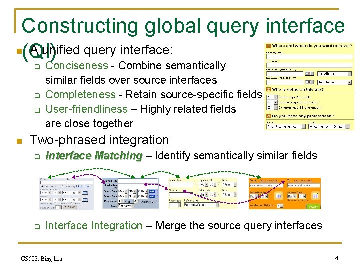 Constructing global query interface n(QI) A unified query interface: q q q n Conciseness