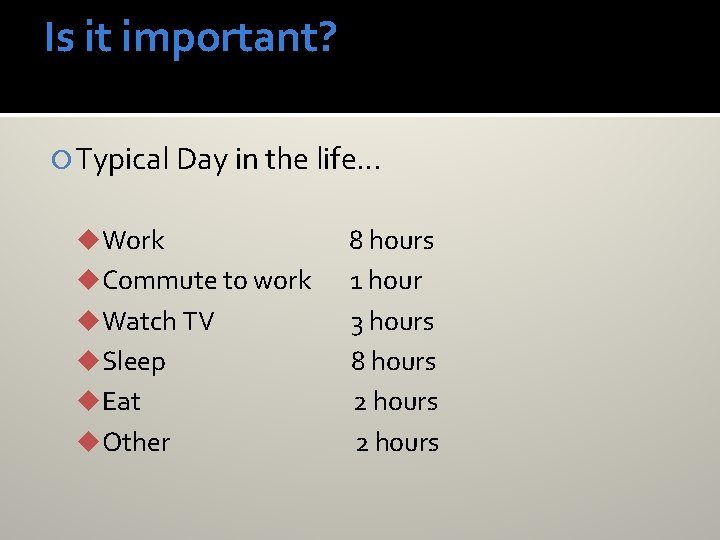 Is it important? Typical Day in the life… u. Work u. Commute to work