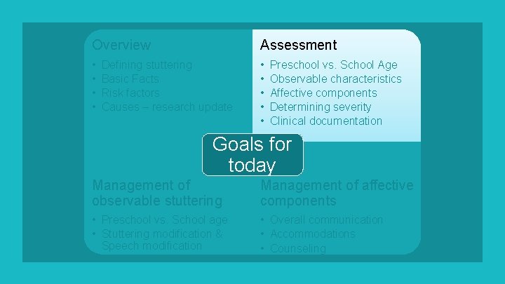 Overview Assessment • • • Defining stuttering Basic Facts Risk factors Causes – research