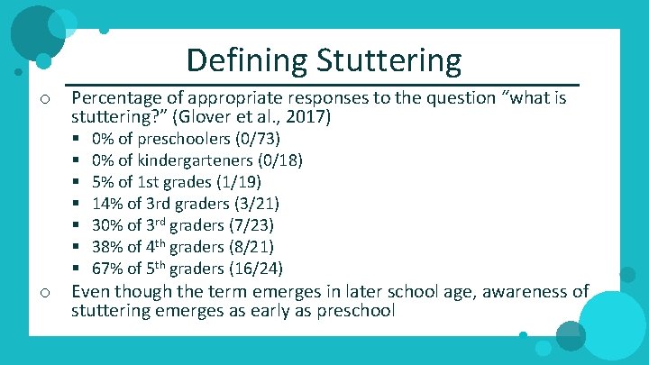 Defining Stuttering o Percentage of appropriate responses to the question “what is stuttering? ”