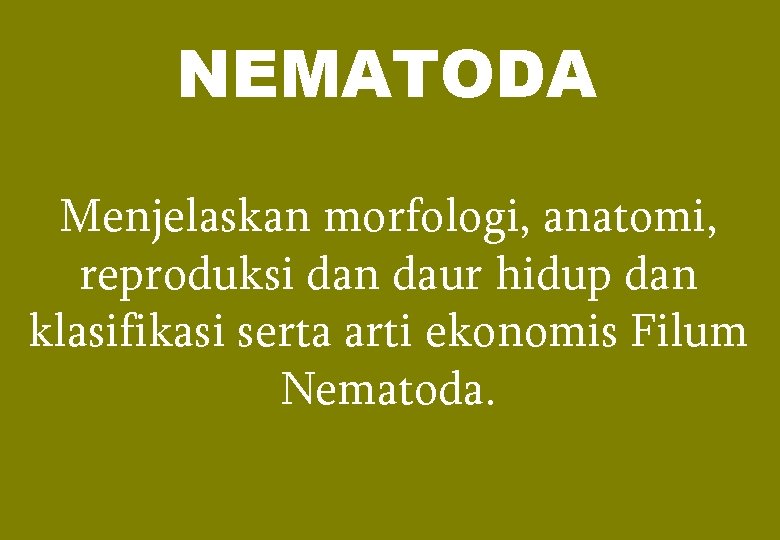 NEMATODA Menjelaskan morfologi, anatomi, reproduksi dan daur hidup dan klasifikasi serta arti ekonomis Filum