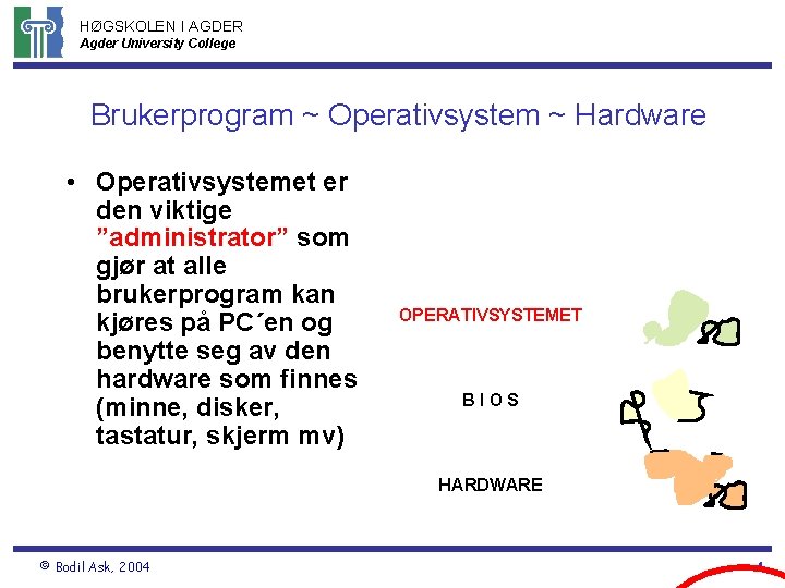 HØGSKOLEN I AGDER Agder University College Brukerprogram ~ Operativsystem ~ Hardware • Operativsystemet er