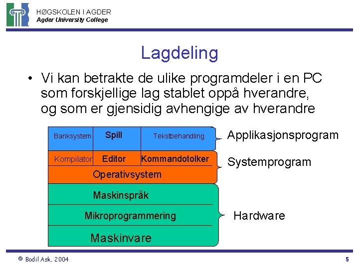 HØGSKOLEN I AGDER Agder University College Lagdeling • Vi kan betrakte de ulike programdeler