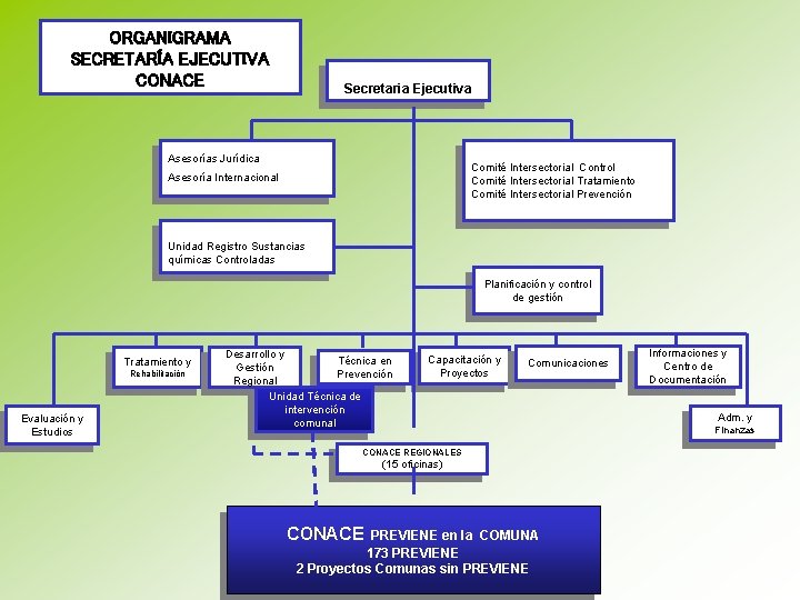 ORGANIGRAMA SECRETARÍA EJECUTIVA CONACE Secretaria Ejecutiva Asesorías Jurídica Comité Intersectorial Control Comité Intersectorial Tratamiento