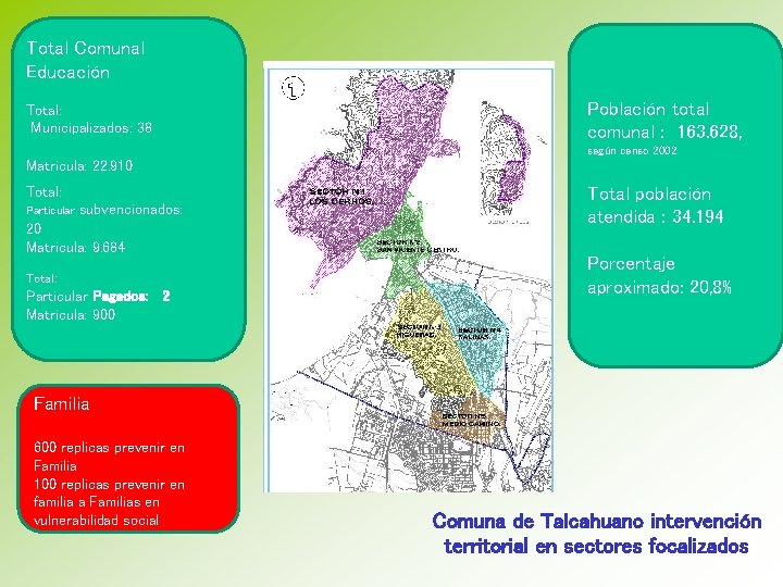 Total Comunal Educación Total: Municipalizados: 38 Población total comunal : 163. 628, según censo