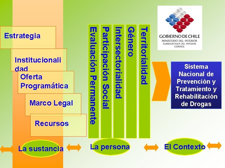 Institucionali dad Oferta Programática Marco Legal Recursos La sustancia Territorialidad Género Intersectorialidad Participación Social