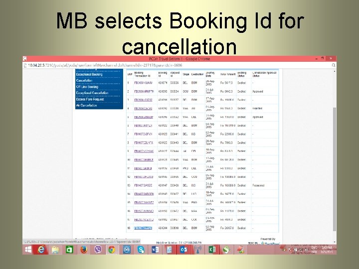 MB selects Booking Id for cancellation 