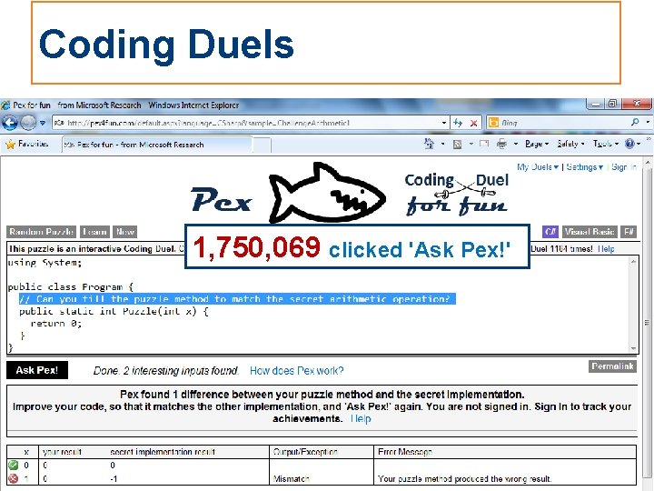 Coding Duels 1, 750, 069 clicked 'Ask Pex!' 