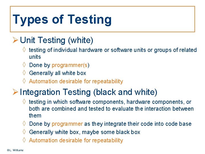 Types of Testing Ø Unit Testing (white) ◊ testing of individual hardware or software