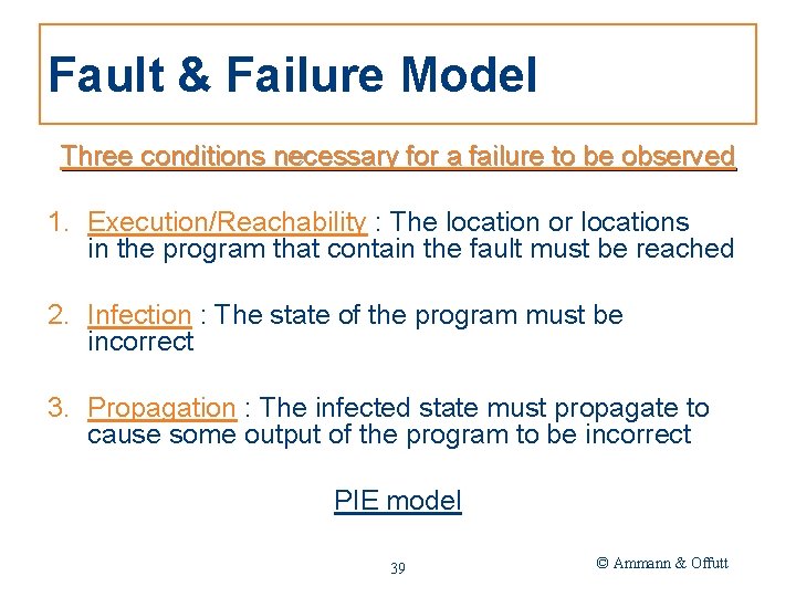 Fault & Failure Model Three conditions necessary for a failure to be observed 1.