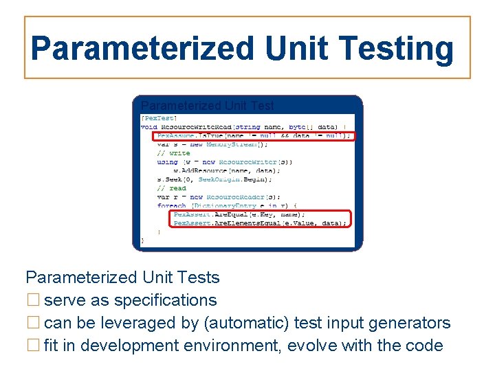 Parameterized Unit Testing Parameterized Unit Tests □ serve as specifications □ can be leveraged