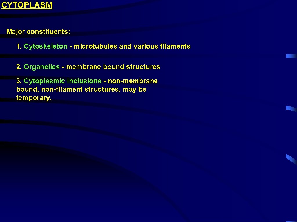 CYTOPLASM Major constituents: 1. Cytoskeleton - microtubules and various filaments 2. Organelles - membrane