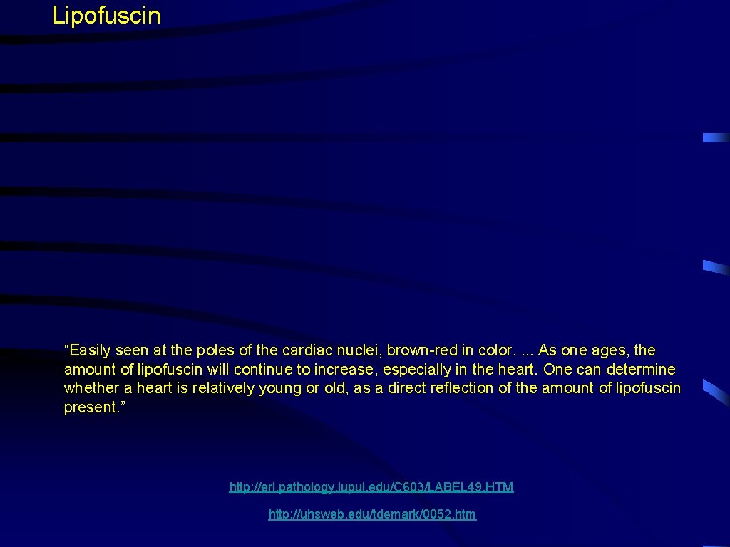 Lipofuscin “Easily seen at the poles of the cardiac nuclei, brown-red in color. .