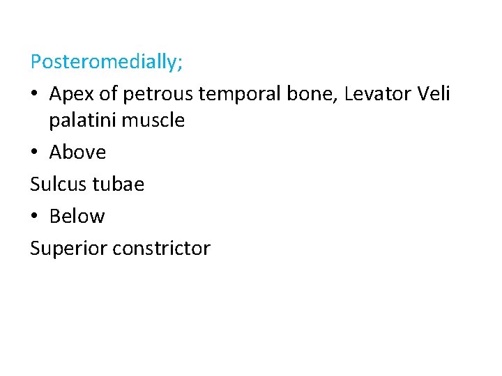 Posteromedially; • Apex of petrous temporal bone, Levator Veli palatini muscle • Above Sulcus