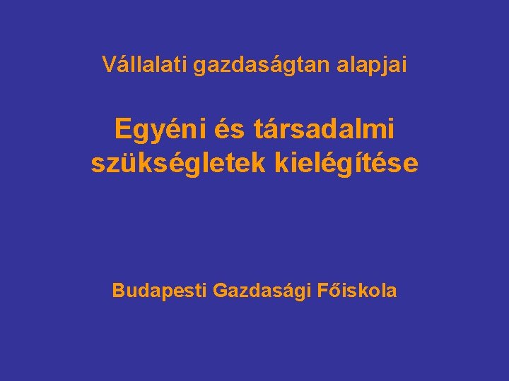 Vállalati gazdaságtan alapjai Egyéni és társadalmi szükségletek kielégítése Budapesti Gazdasági Főiskola 