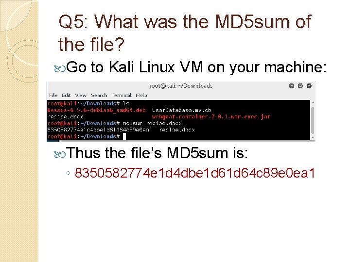 Q 5: What was the MD 5 sum of the file? Go to Kali Q 5: What was the MD 5 sum of the file? Go to Kali