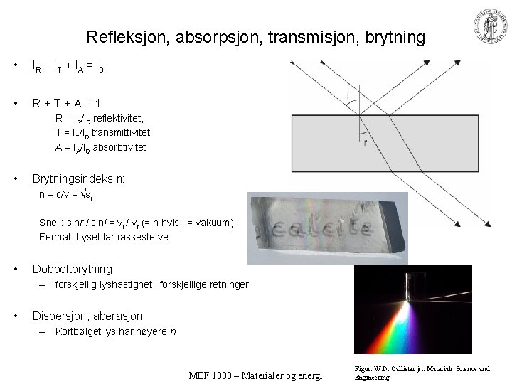 Refleksjon, absorpsjon, transmisjon, brytning • IR + I T + I A = I
