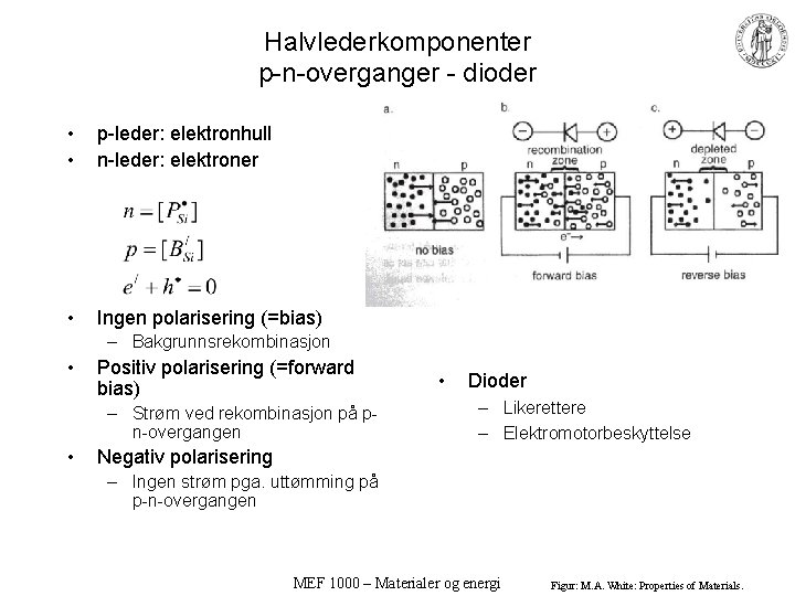 Halvlederkomponenter p-n-overganger - dioder • • p-leder: elektronhull n-leder: elektroner • Ingen polarisering (=bias)