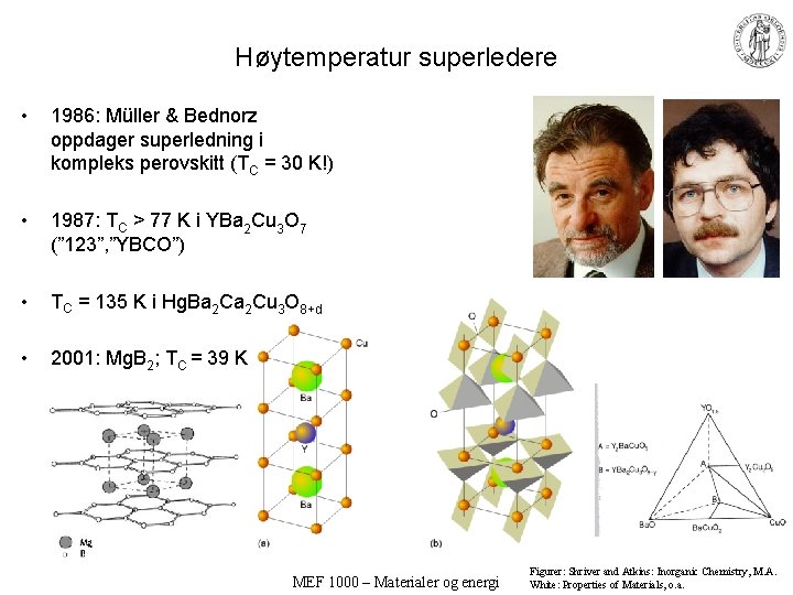 Høytemperatur superledere • 1986: Müller & Bednorz oppdager superledning i kompleks perovskitt (TC =
