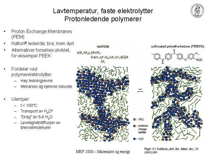 Lavtemperatur, faste elektrolytter Protonledende polymerer • • Proton Exchange Membranes (PEM) Nafion® ledende; bra,