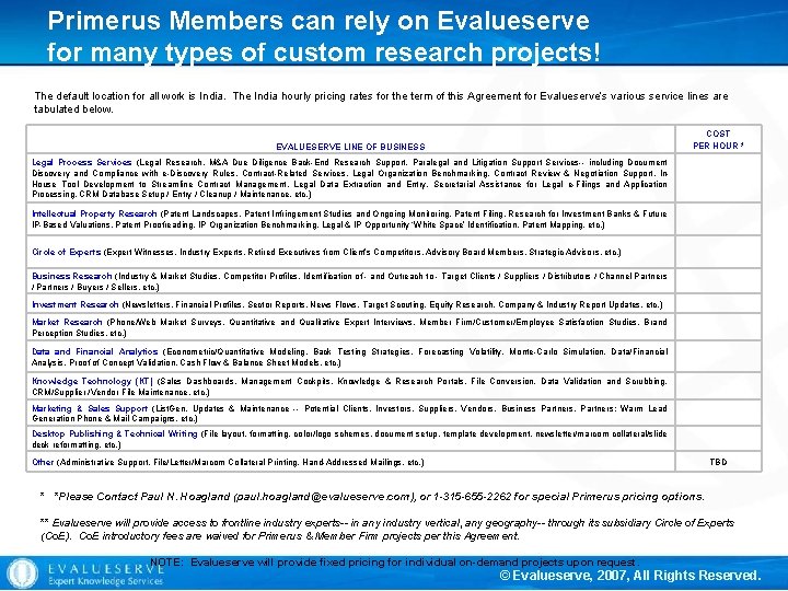 Primerus Members can rely on Evalueserve for many types of custom research projects! The