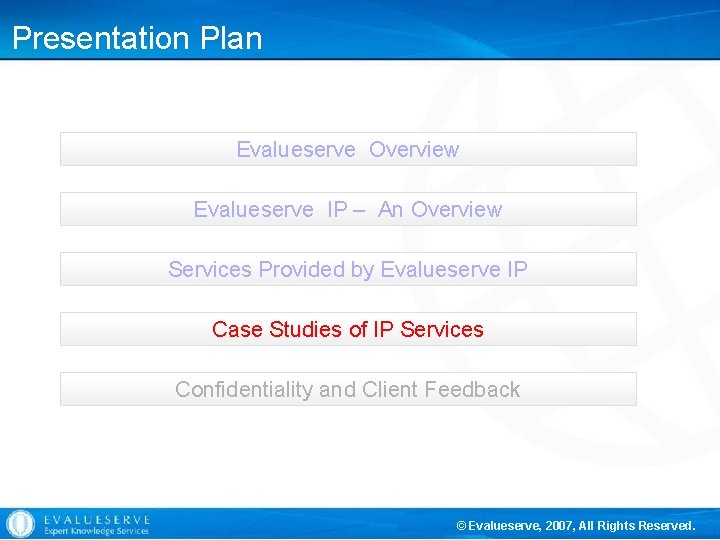 Presentation Plan Evalueserve Overview Evalueserve IP – An Overview Services Provided by Evalueserve IP