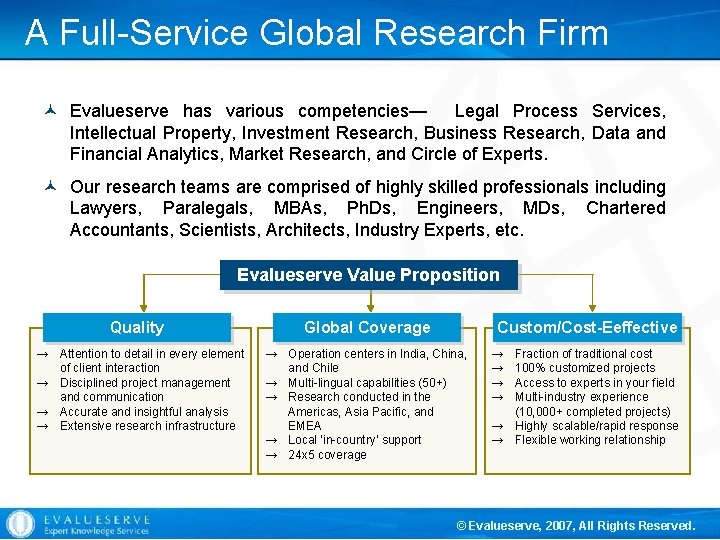 A Full-Service Global Research Firm © Evalueserve has various competencies— Legal Process Services, Intellectual