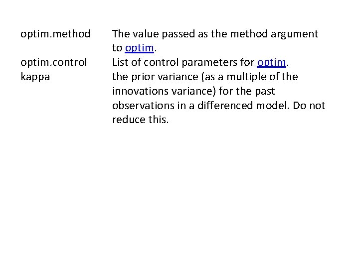 optim. method optim. control kappa The value passed as the method argument to optim.