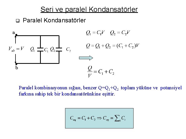 Seri ve paralel Kondansatörler q Paralel Kondansatörler a b Paralel kombinasyonun sığası, benzer Q=Q