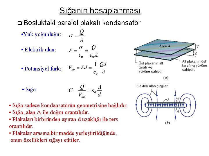 Sığanın hesaplanması q Boşluktaki paralel plakalı kondansatör • Yük yoğunluğu: • Elektrik alan: •