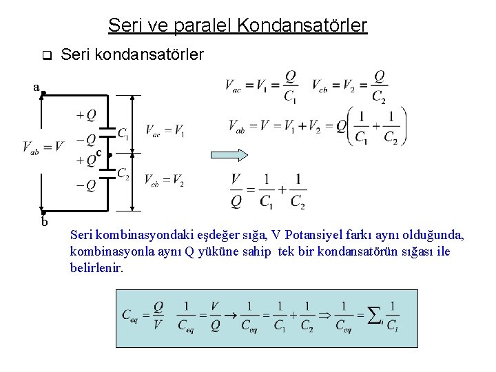 Seri ve paralel Kondansatörler q Seri kondansatörler a c b Seri kombinasyondaki eşdeğer sığa,