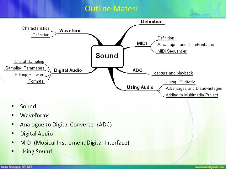 Outline Materi • • • Sound Waveforms Analogue to Digital Converter (ADC) Digital Audio
