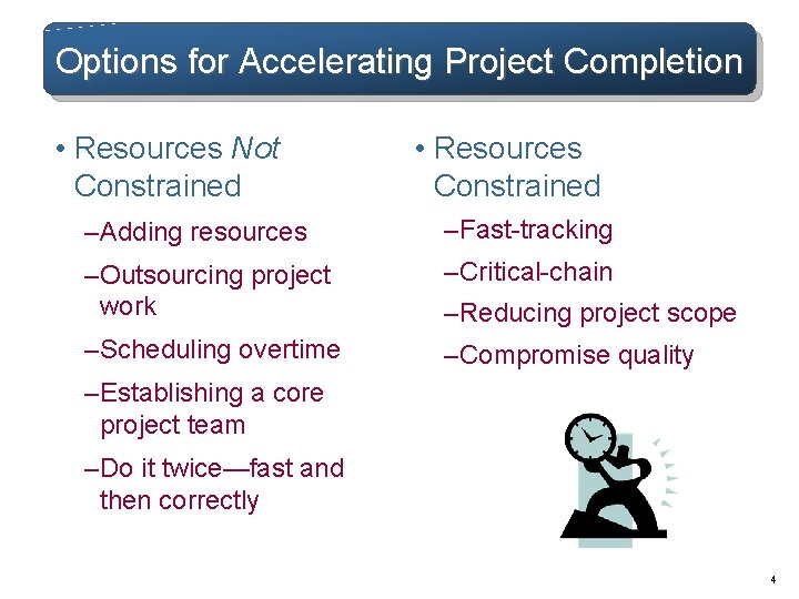 Options for Accelerating Project Completion • Resources Not Constrained • Resources Constrained – Adding