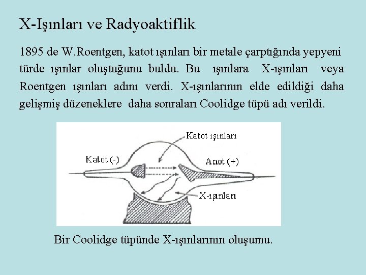 X-Işınları ve Radyoaktiflik 1895 de W. Roentgen, katot ışınları bir metale çarptığında yepyeni türde