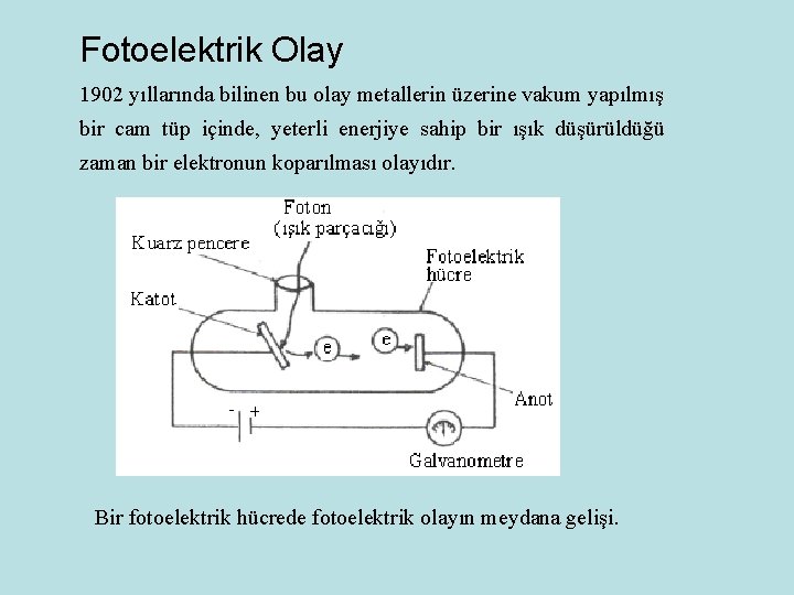 Fotoelektrik Olay 1902 yıllarında bilinen bu olay metallerin üzerine vakum yapılmış bir cam tüp