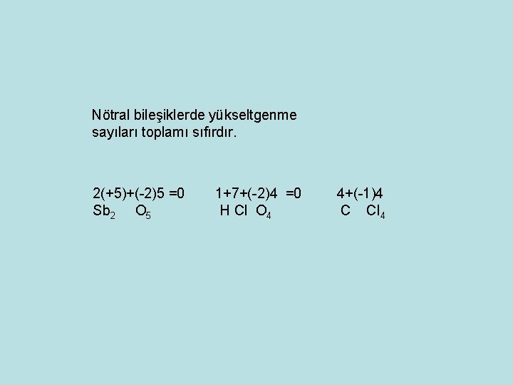 Nötral bileşiklerde yükseltgenme sayıları toplamı sıfırdır. 2(+5)+(-2)5 =0 Sb 2 O 5 1+7+(-2)4 =0