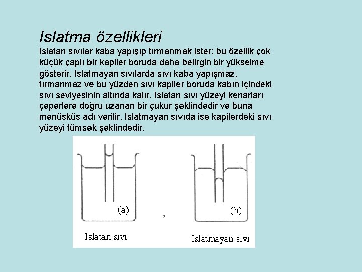 Islatma özellikleri Islatan sıvılar kaba yapışıp tırmanmak ister; bu özellik çok küçük çaplı bir